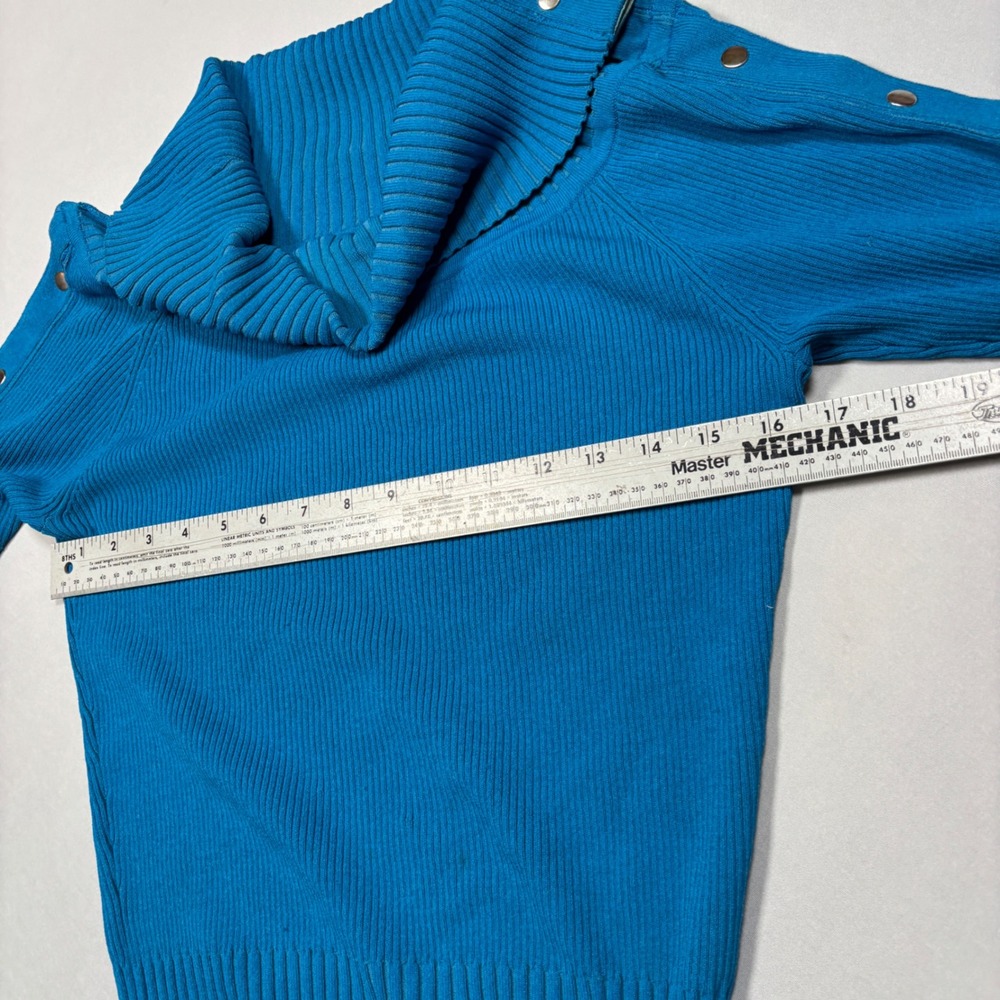 Cache Sweater Womens Large Blue Ribbed Cowl Neck Snap Button Long Sleeve Ribbed - Picture 8 of 9